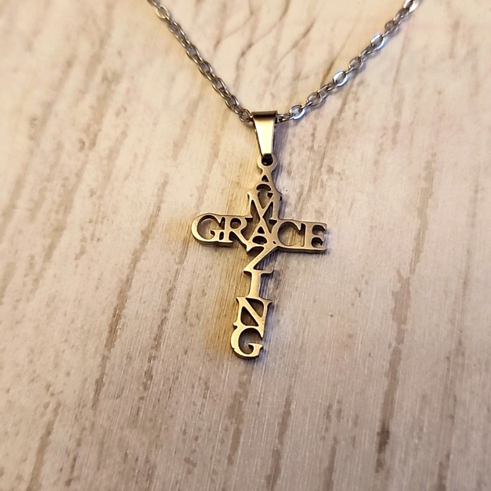 STAINLESS STEEL AMAZING GRACE CROSS NECKLACE NP